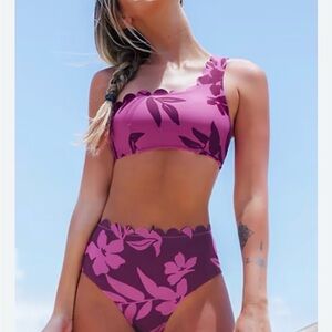 NWT Cupshe Floral Scallop High-Waist Bikini Set - Mauve Pink